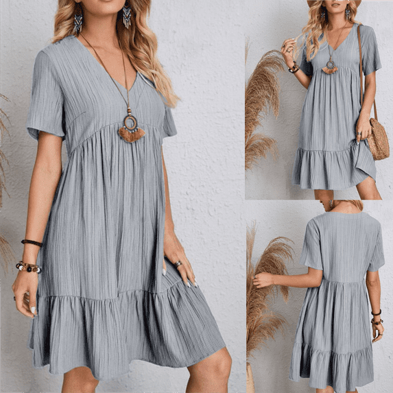 Odbmxy Womens Sundresses Short Sleeve Mini Women Plus Dresses Vacation Elegant Solid Color Loose Peplum Dresses,Gray XL