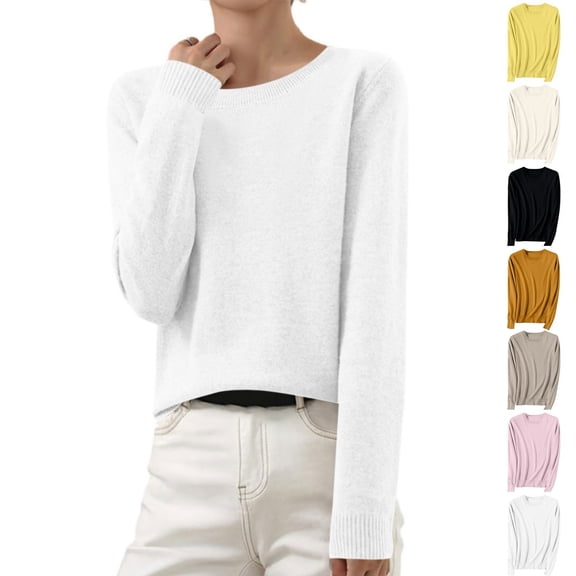 Odbmxy Womens Sweaters Long Sleeve Cotton Pullover Womens Fall Sweaters Knitted White Layering Slim Single Sweaters