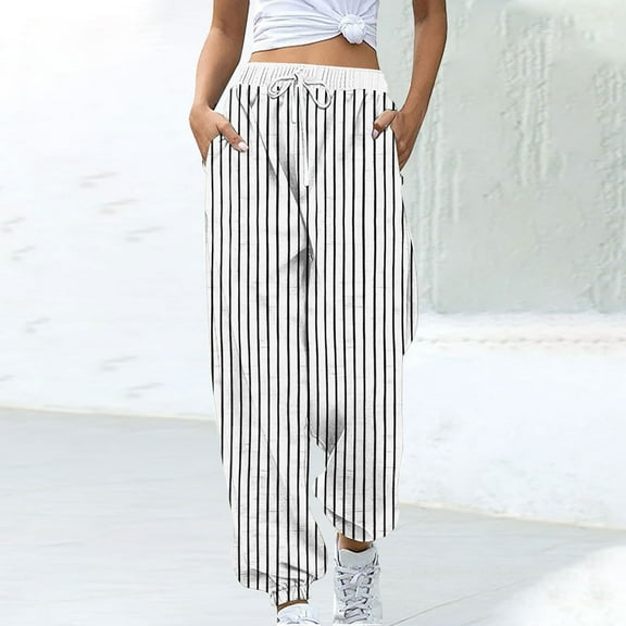 Odbmxy Womens Sweatpants Barrel High Waist Pants Women with Pockets Joggers Baggy Striped Athletic White Long Sweatpants,XXL