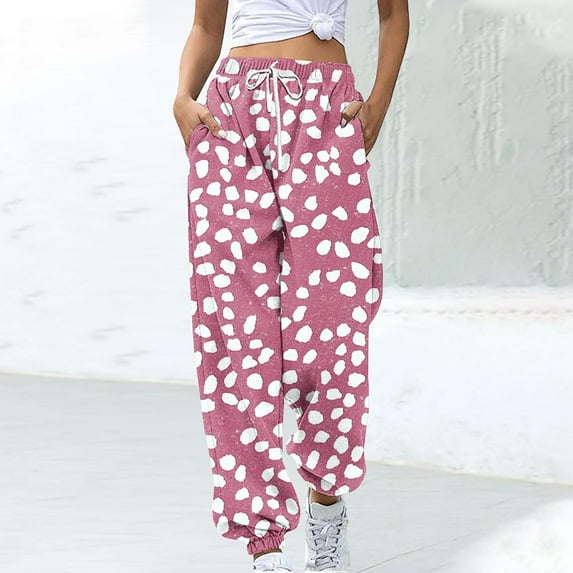 Odbmxy Womens Sweatpants Barrel High Waist Womens Pants Baggy Polka Dots Joggers Drawstring Running Pink Long Sweatpants,L