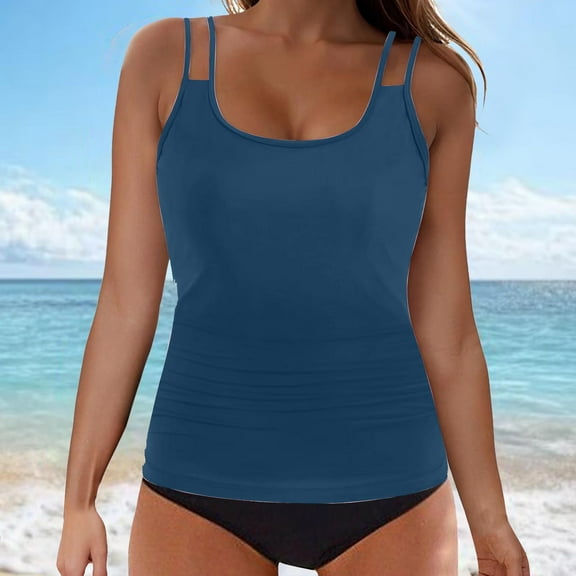 Odbmxy Womens Swimsuits Tankini Camisole Padded Plus Size Swimsuit for Women Solid Color Wire-Free Beach Swimwear,Blue XL