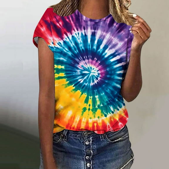 Odbmxy Womens T Shirt Short Sleeve Graphic Womans Tops Fashion Leisure Everyday Modern Fit Tie-Dye Tops,M