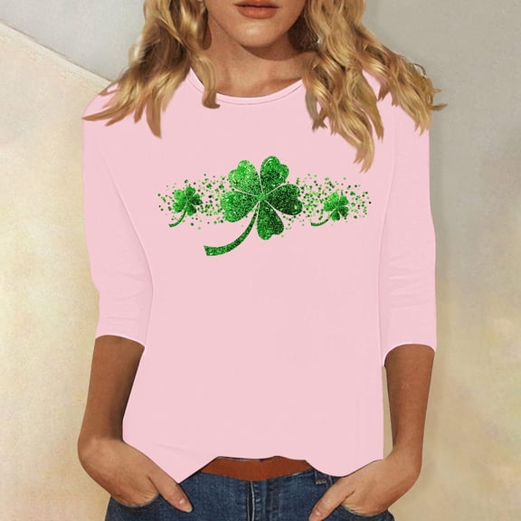 Odbmxy Womens T Shirts 3/4 Sleeve St Patricks Day Shamrock Ladies Plus Size Tops Loose Leisure Pink Festivals Shirts