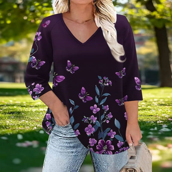 Odbmxy Womens T Shirts Plus Size 3/4 Sleeve V-Neck Womens Shirt Going Out Bottoming Butterfly Print Loose Leisure Tops,Purple L
