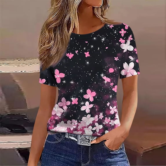Odbmxy Womens T Shirts Plus Size Short Sleeve Pink Summer Women's Tops Regular Holiday Floral Pullover Casual Tops