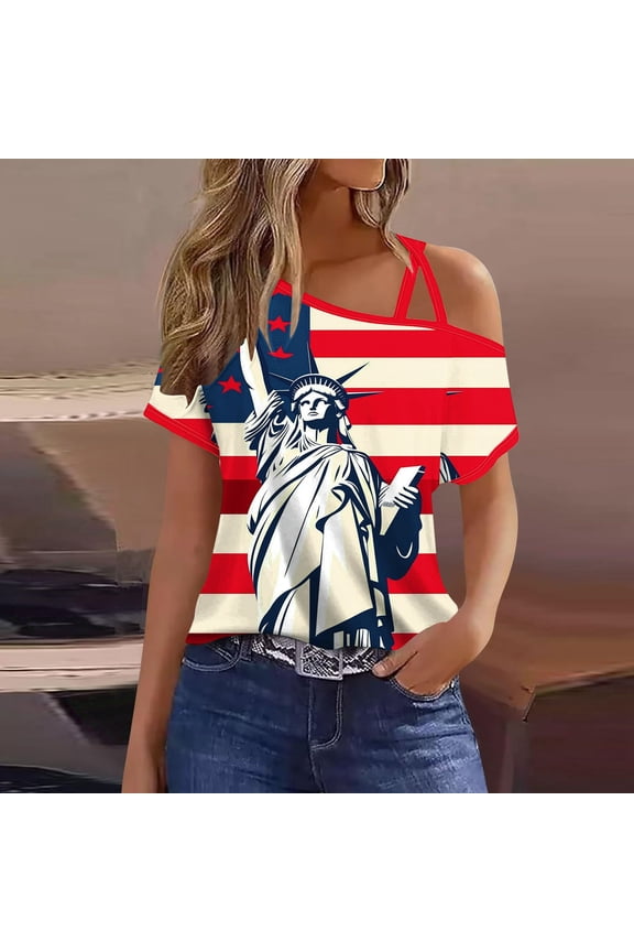 Womens T Shirts Short Sleeve Red Fourth of July Womens Tops Holiday Casual Loose One-Shoulder Summer Graphic Tops