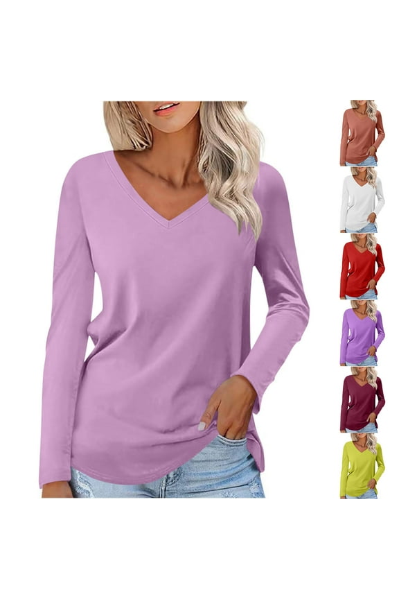 Womens T Shirts Spring Long Sleeve Tops for Women Casual Basic Relaxed Fit Plain Comfy V-Neck Layering Tops,Pink L