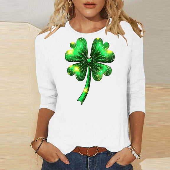 Odbmxy Womens T Shirts St. Paddy's Day 3/4 Sleeve Plus Size Womens Tops Leisure Vacation White Regular Tunic Graphic Shirts