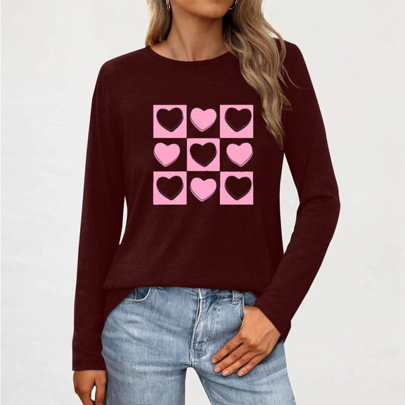 Odbmxy Womens T Shirts Valentines Day Long Sleeve Plus Size Tops for Women Casual Heart-shaped Vacation Tunic Regular Tops Red