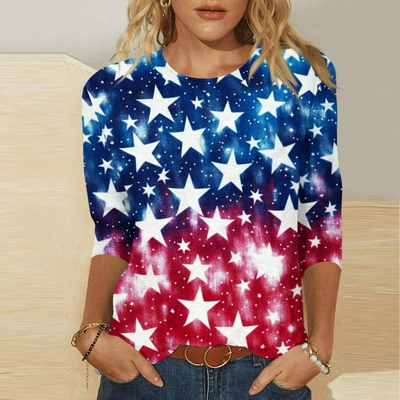 Odbmxy Womens Tee Shirts 3/4 Sleeve Independence Day Womens Top Leisure Relaxed Fit Tie-Dye Everyday Tops,Red 5XL