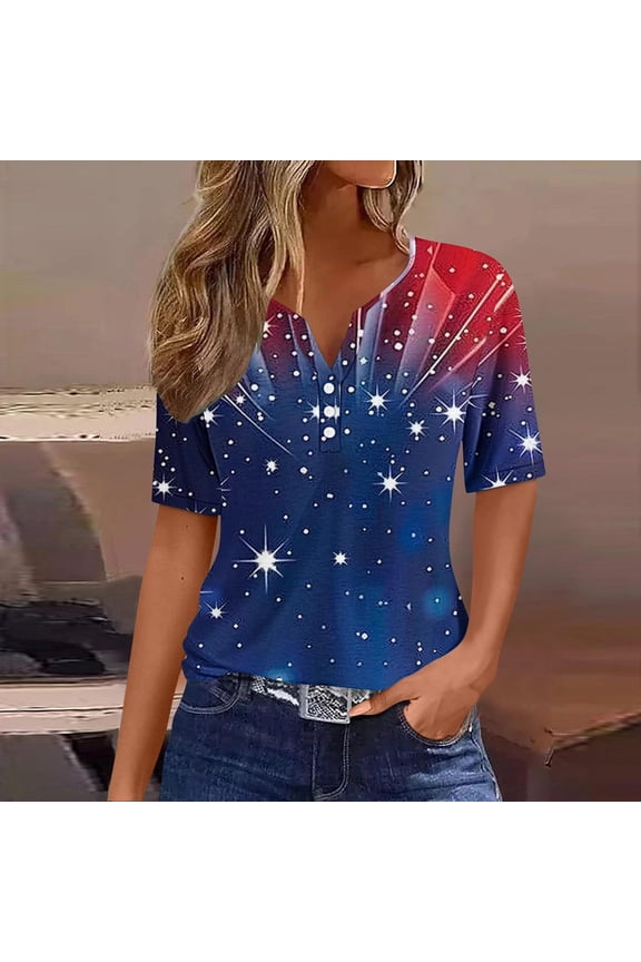 Womens Tee Shirts Elbow-Length V-Neck Independence Womens Shirt Casual Vintage Graphic Loose Summer Festivals Tops