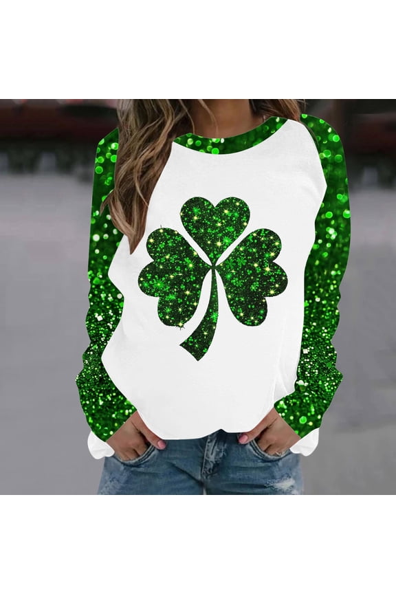 Womens Tee Shirts Graphic Long Sleeve St. Paddy's Day Women's Plus Size Tops Saint Shirts Leisure Loose Raglan Tops,M