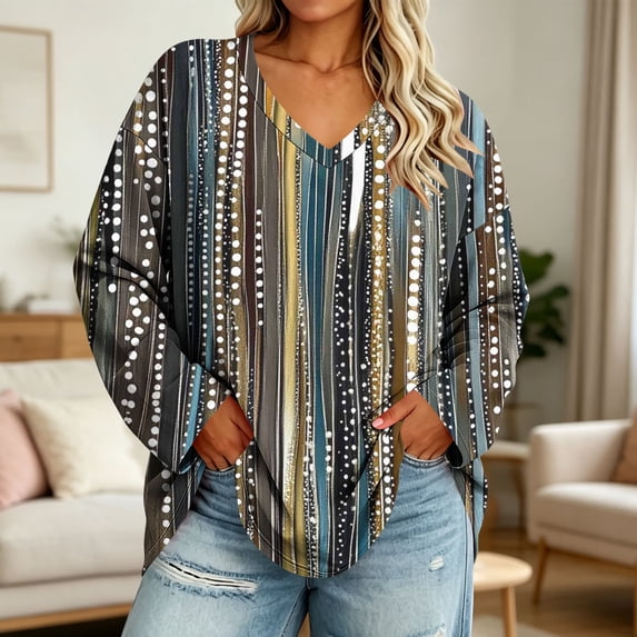 Odbmxy Womens Tee Shirts Long Sleeve V-Neck Fall Graphic Lightweight Boho Ladies Tops Leisure Outdoor Oversized