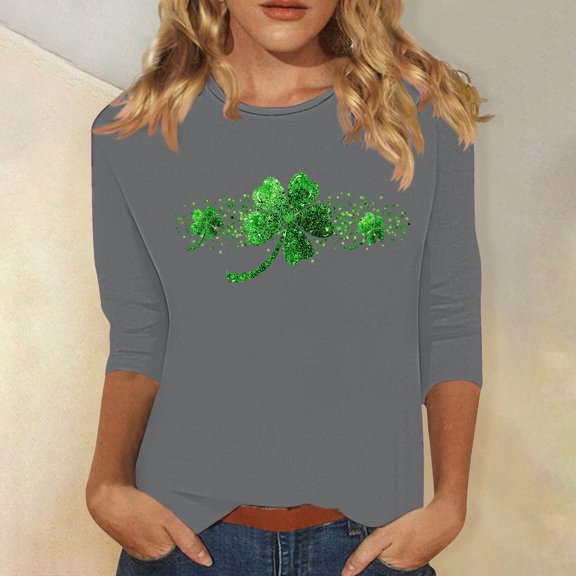 Odbmxy Womens Tee Shirts Plus Size St. Paddy's Day Shamrock 3/4 Sleeve Tops for Women Leisure Gray Loose Festivals Shirts
