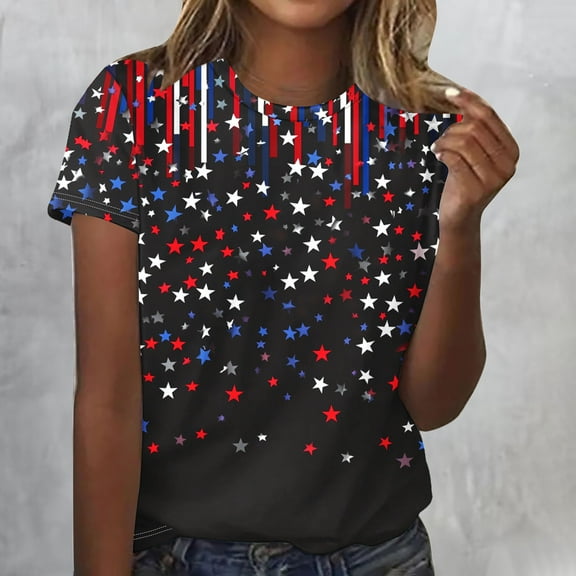Odbmxy Womens Tee Shirts Short Sleeve Independence Day Plus Size Womens Tops Relaxed Fit Everyday Leisure Cute Tops,Black XL