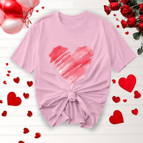 Odbmxy Womens Tee Shirts Short Sleeve Valentines Day Funny Tops for Women Plus Size Vacation Pink Heart Print Loose Casual Shirts