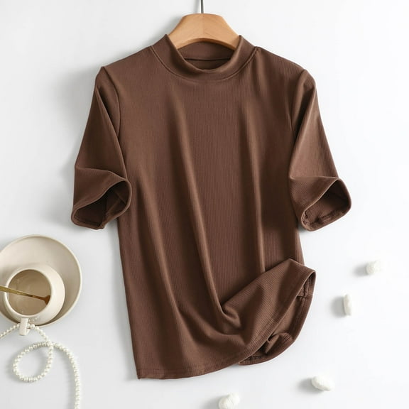 Odbmxy Womens Tee Shirts Summer Elbow-Length Tops for Women Trendy Plain Leisure Workout Basic Holiday Relaxed Fit Tops,Brown L