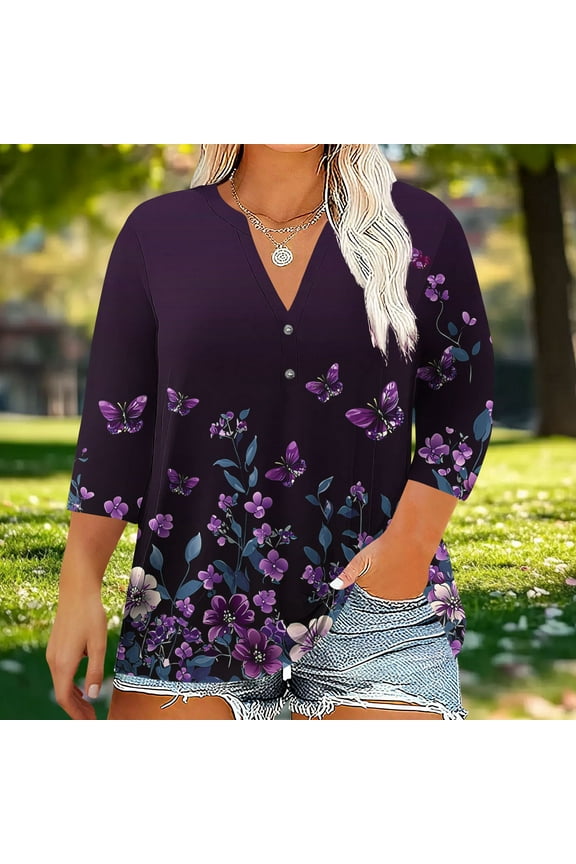 Womens Tee Shirts V-Neck 3/4 Sleeve Juniors Shirts Vacation Button Fancy Oversized Butterfly Print Leisure Tops,Purple 5XL