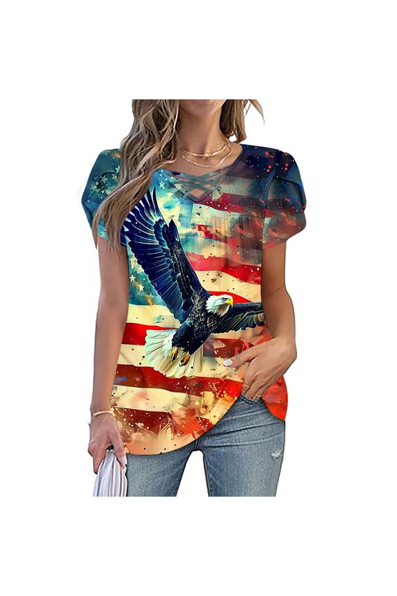Womens Tee Shirts V-Neck Independence Short Sleeve Womens Shirts Eagle Loose Casual Festival Summer Retro Tops