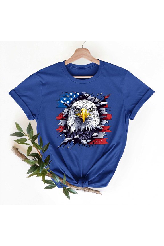Womens Tshirts Independence Day Short Sleeve Patriotic Womens Plus Size Tops Blue Summer Vacation Eagle Loose Casual Tops