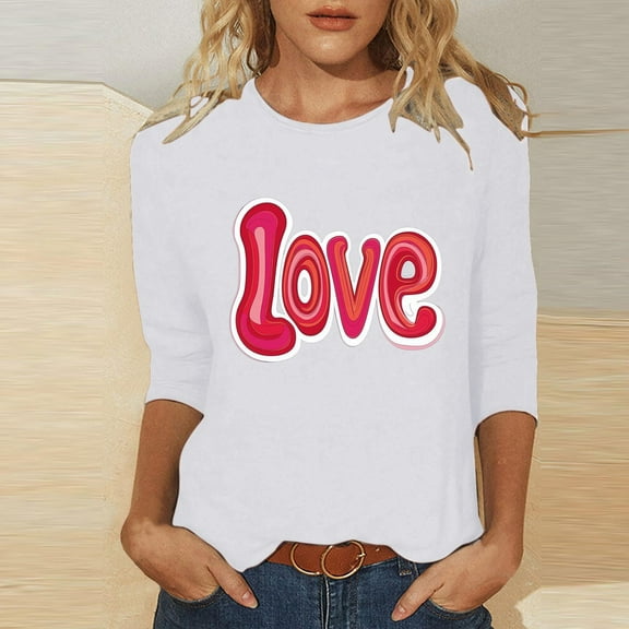 Odbmxy Womens Tshirts Valentines 3/4 Sleeve Women's Tops Casual Funny Loose Festivals Love Print Tops White