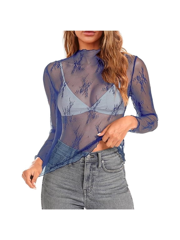 Womens Undershirts Plus Size Lace Long Sleeve Womens Tops Plus Size Slim Mesh Single Color Leisure Bottoming Shirt