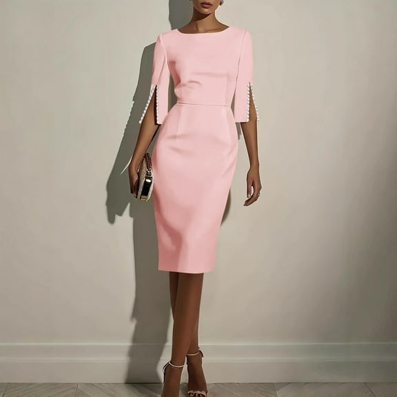 Odbmxy Wrap Women Midi Dress 3/4 Sleeve Womens Dress Party Plain Dressy Slim Tunic Fall Dresses,Pink XL