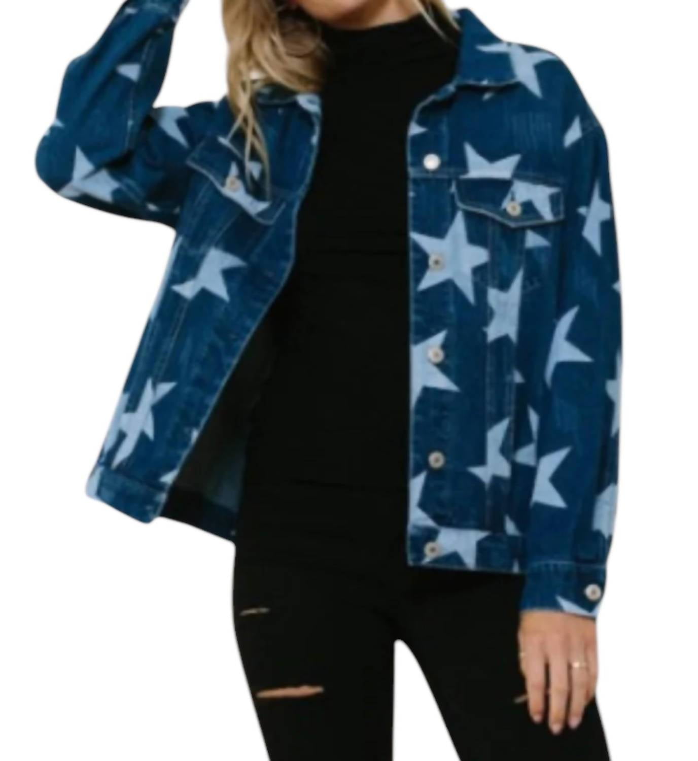 Andree by Unit Starstruck Full Size Sequin Star Patch Denim Jacket main image 0