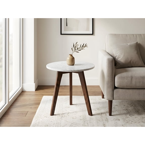 Oddone 15" Round Italian Carrara White Marble End Table with Walnut Legs