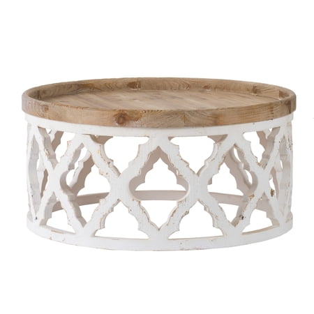 Ode 32 Inch Coffee Table, Round, Quatrefoil Lattice Design, Brown, White- Saltoro Sherpi