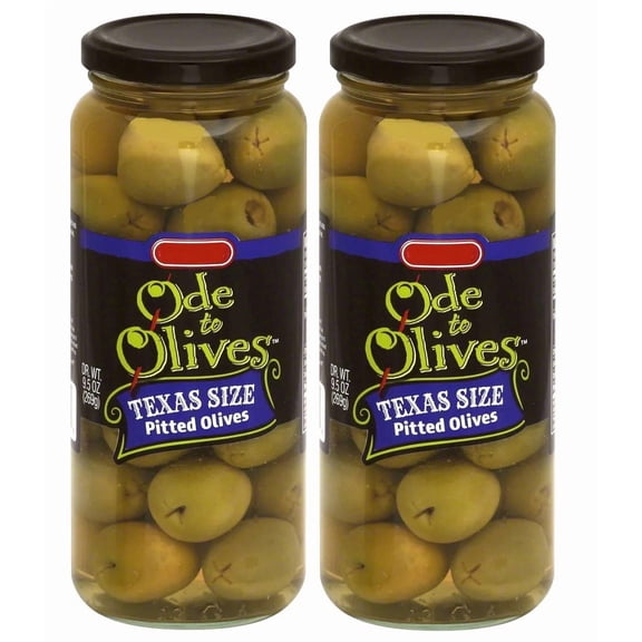 Ode to Olives Texas Size Pitted Green Olives 2 Glass Jars - DR. WT. 9.5 oz ( 269g