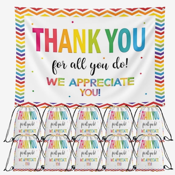 OdeJous We Appreciate You Party Supplies,10 Pieces We Appreciate You Candy Drawstring Bag Include Birthday Backdrop 7x5FT, Drawstring Goodie Favor Bags for Birthday Party Decorations(10.6 x 13.3 Inch