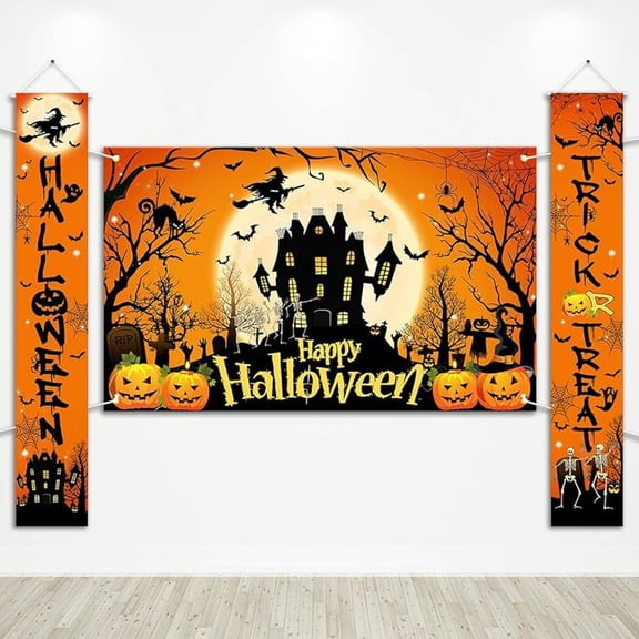 OdeJous Halloween Decorations 3Pcs Trick or Treat Porch Signs Horror Door Banner Halloween Party Decorations Indoor Outdoor 8x4ft