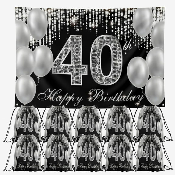 OdeJous Happy 40th Birthday Party Supplies,10 Pieces Happy 40th Birthday Candy Drawstring Bag Include Birthday Backdrop 10x7ft, Drawstring Goodie Favor Bags for Birthday Party Decorations(10.6 x 13.3