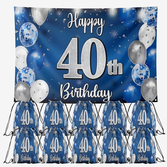OdeJous Happy 40th Birthday Party Supplies,10 Pieces Happy 40th Birthday Candy Drawstring Bag Include Birthday Backdrop 7x5FT, Drawstring Goodie Favor Bags for Birthday Party Decorations(10.6 x 13.3
