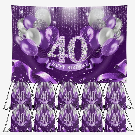 OdeJous Happy 40th Birthday Party Supplies,10 Pieces Happy 40th Birthday Candy Drawstring Bag Include Birthday Backdrop 7x5FT, Drawstring Goodie Favor Bags for Birthday Party Decorations(10.6 x 13.3
