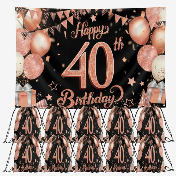 OdeJous Happy 40th Birthday Party Supplies,10 Pieces Happy 40th Birthday Candy Drawstring Bag Include Birthday Backdrop 7x5FT, Drawstring Goodie Favor Bags for Birthday Party Decorations(10.6 x 13.3