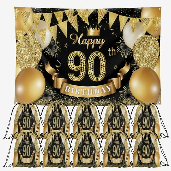 OdeJous Happy 90th Birthday Party Supplies,10 Pieces Happy 90th Birthday Candy Drawstring Bag Include Birthday Backdrop 7x5FT, Drawstring Goodie Favor Bags for Birthday Party Decorations(10.6 x 13.3