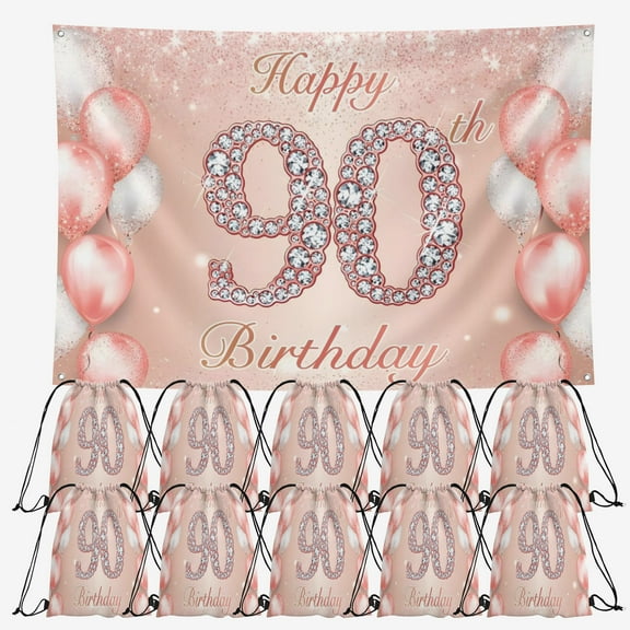 OdeJous Happy 90th Birthday Party Supplies,10 Pieces Happy 90th Birthday Candy Drawstring Bag Include Birthday Backdrop 7x5FT, Drawstring Goodie Favor Bags for Birthday Party Decorations(10.6 x 13.3