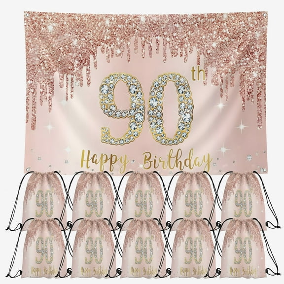 OdeJous Happy 90th Birthday Party Supplies,10 Pieces Happy 90th Birthday Candy Drawstring Bag Include Birthday Backdrop 7x5FT, Drawstring Goodie Favor Bags for Birthday Party Decorations(10.6 x 13.3