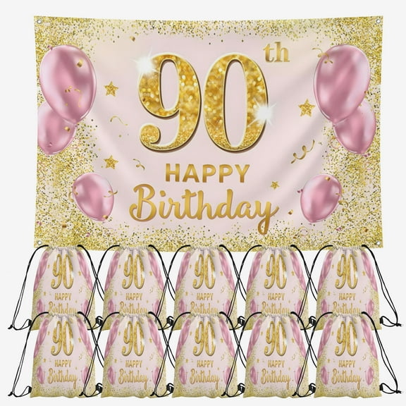 OdeJous Happy 90th Birthday Party Supplies,10 Pieces Happy 90th Birthday Candy Drawstring Bag Include Birthday Backdrop 7x5FT, Drawstring Goodie Favor Bags for Birthday Party Decorations(10.6 x 13.3