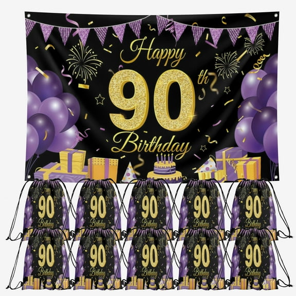 OdeJous Happy 90th Birthday Party Supplies,10 Pieces Happy 90th Birthday Candy Drawstring Bag Include Birthday Backdrop 7x5FT, Drawstring Goodie Favor Bags for Birthday Party Decorations(10.6 x 13.3