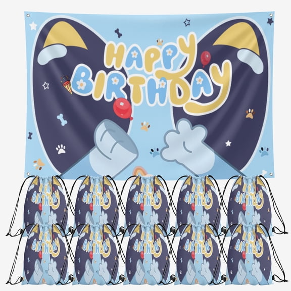 OdeJous Happy Birthday Cartoon Party Supplies,10 Pieces Happy Birthday Cartoon Candy Drawstring Bag Include Birthday Backdrop 7x5FT, Drawstring Goodie Favor Bags for Birthday Party Decorations(10.6 x