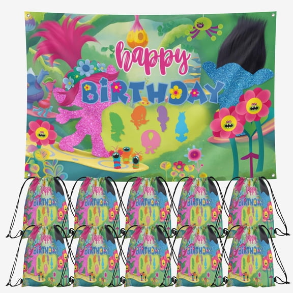 OdeJous Happy Birthday Cartoon Party Supplies,10 Pieces Happy Birthday Cartoon Candy Drawstring Bag Include Birthday Backdrop 7x5FT, Drawstring Goodie Favor Bags for Birthday Party Decorations(10.6 x