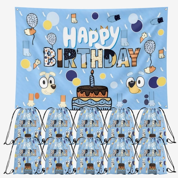 OdeJous Happy Birthday Party Supplies,10 Pieces Cartoon Candy Drawstring Bag Include Backdrop 6x4FT, Drawstring Goodie Favor Bags for Birthday Party Decorations(10.6 x 13.3 Inch)