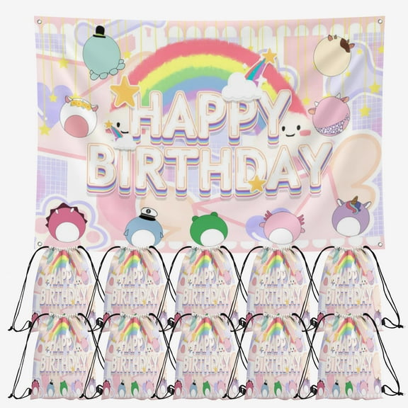 OdeJous Happy Birthday Party Supplies,10 Pieces Cartoon Candy Drawstring Bag Include Backdrop 7x5FT, Drawstring Goodie Favor Bags for Birthday Party Decorations(10.6 x 13.3 Inch)