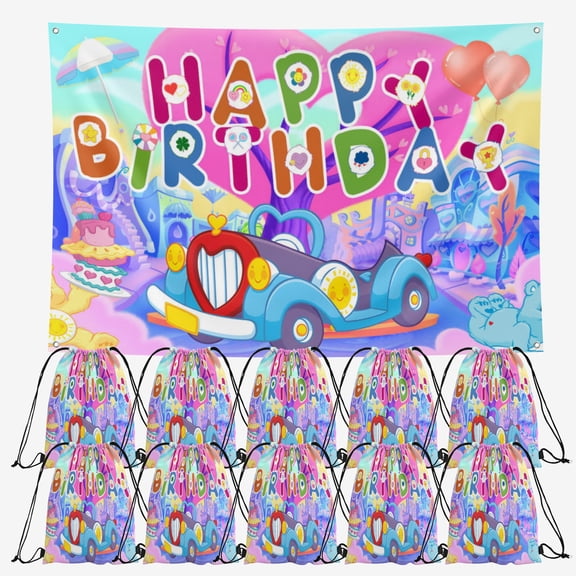 OdeJous Happy Birthday Party Supplies,10 Pieces Cartoon Candy Drawstring Bag Include Backdrop 7x5FT, Drawstring Goodie Favor Bags for Birthday Party Decorations(10.6 x 13.3 Inch)