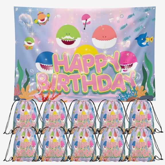 OdeJous Happy Birthday Party Supplies,10 Pieces Cartoon Candy Drawstring Bag Include Backdrop 7x5FT, Drawstring Goodie Favor Bags for Birthday Party Decorations(10.6 x 13.3 Inch)
