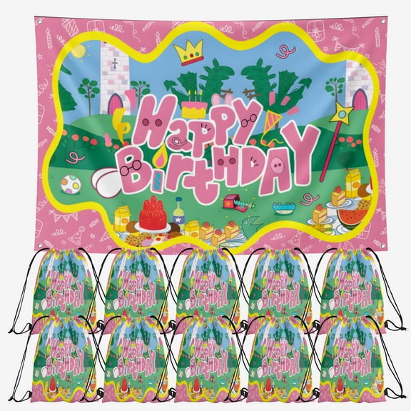 OdeJous Happy Birthday Party Supplies,10 Pieces Cartoon Candy Drawstring Bag Include Backdrop 7x5FT, Drawstring Goodie Favor Bags for Birthday Party Decorations(10.6 x 13.3 Inch)