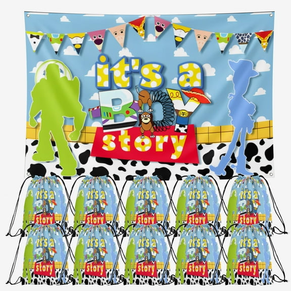 OdeJous Happy Birthday Party Supplies,10 Pieces Cartoon Candy Drawstring Bag Include Backdrop 7x5FT, Drawstring Goodie Favor Bags for Birthday Party Decorations(10.6 x 13.3 Inch)